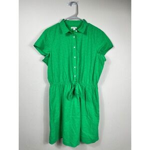 J.Crew‎ Mercantile Eyelet Dress Sz L Green Short Sleeve Tie Waist Shirt Dress